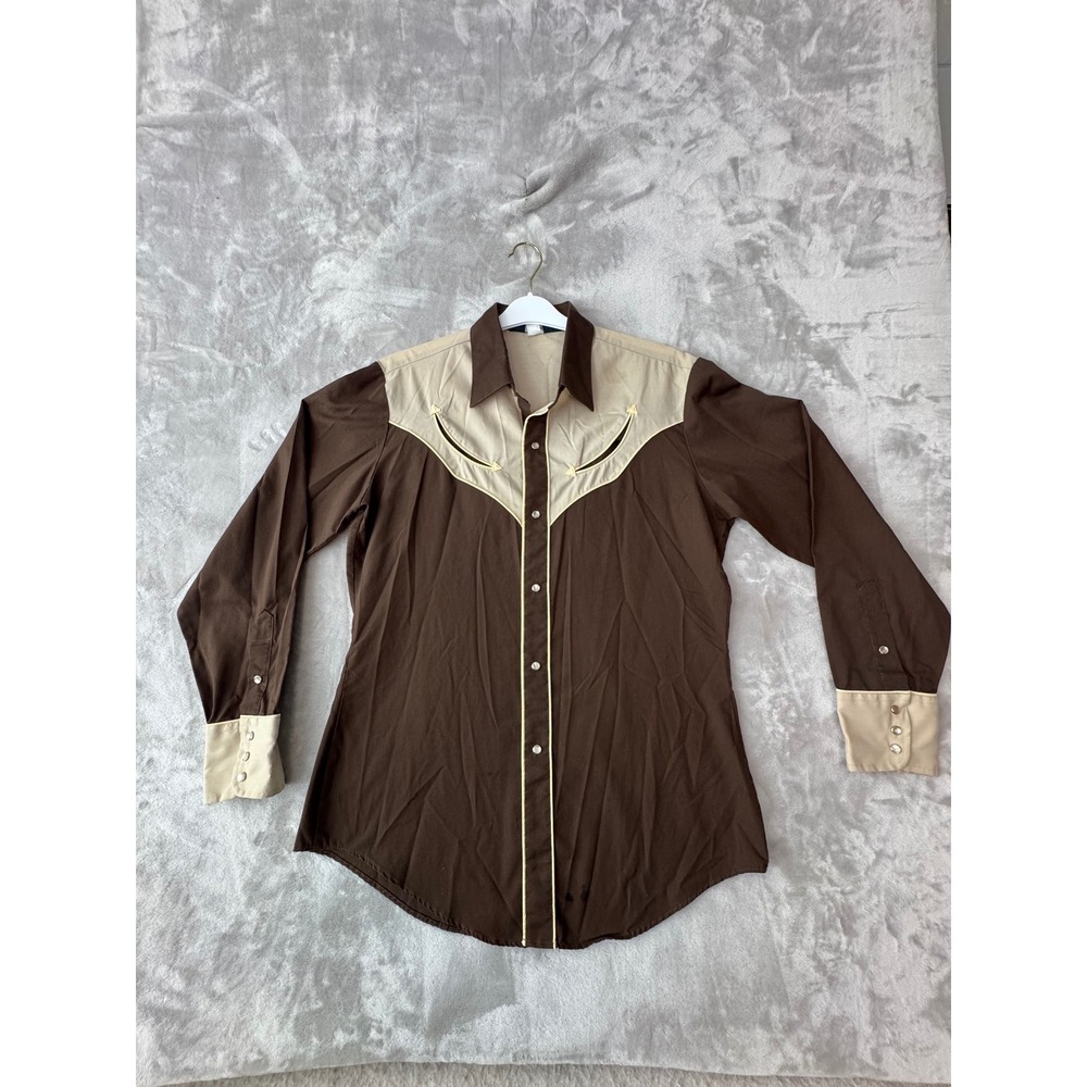 Vintage Levis Western Pearl Snap Shirt Brown Tan Two Tone Colorblock Mens Large